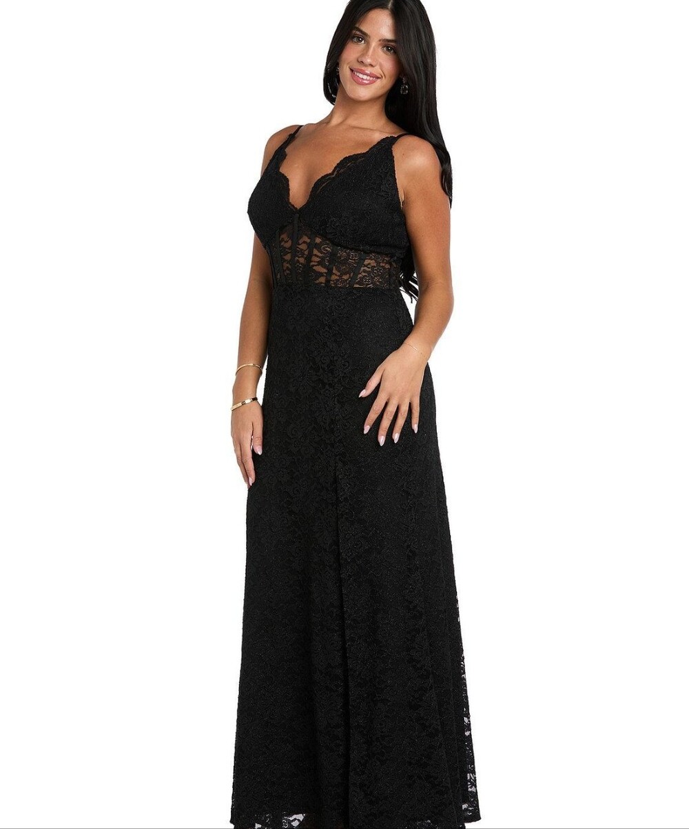 Morgan & Co. Black Lace Prom Gown with Sheer Waist